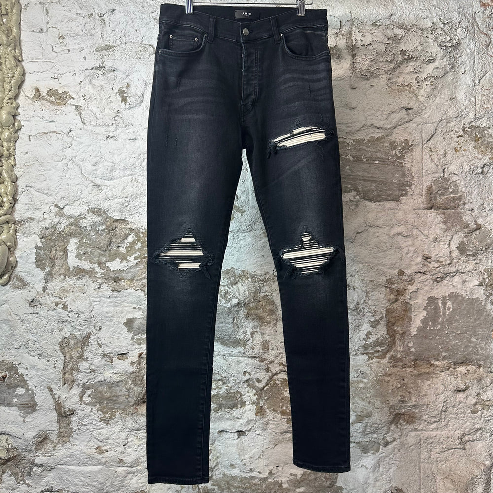 Amiri MX1 Cream Suede Black Denim Jeans Sz 31