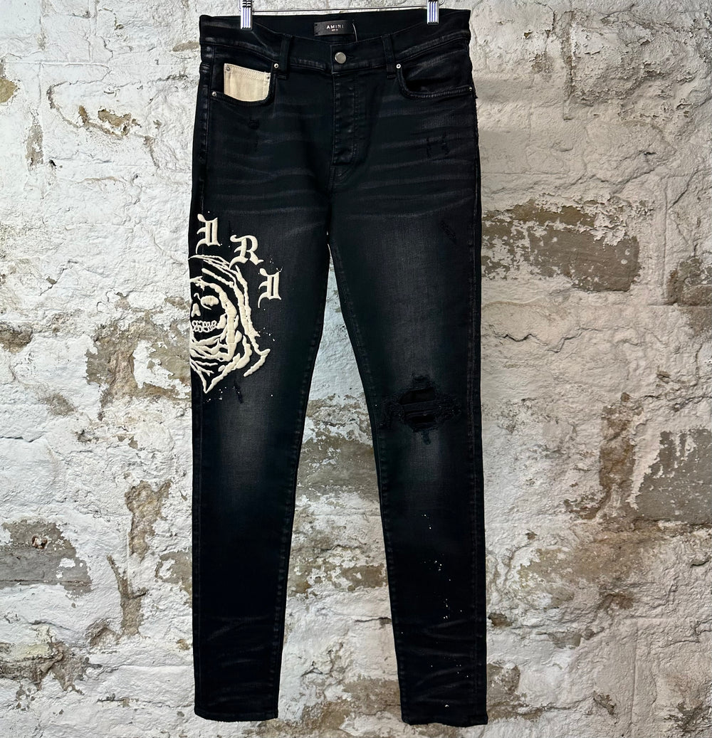 Amiri Embroidered Reaper Black Denim Jeans Sz 32