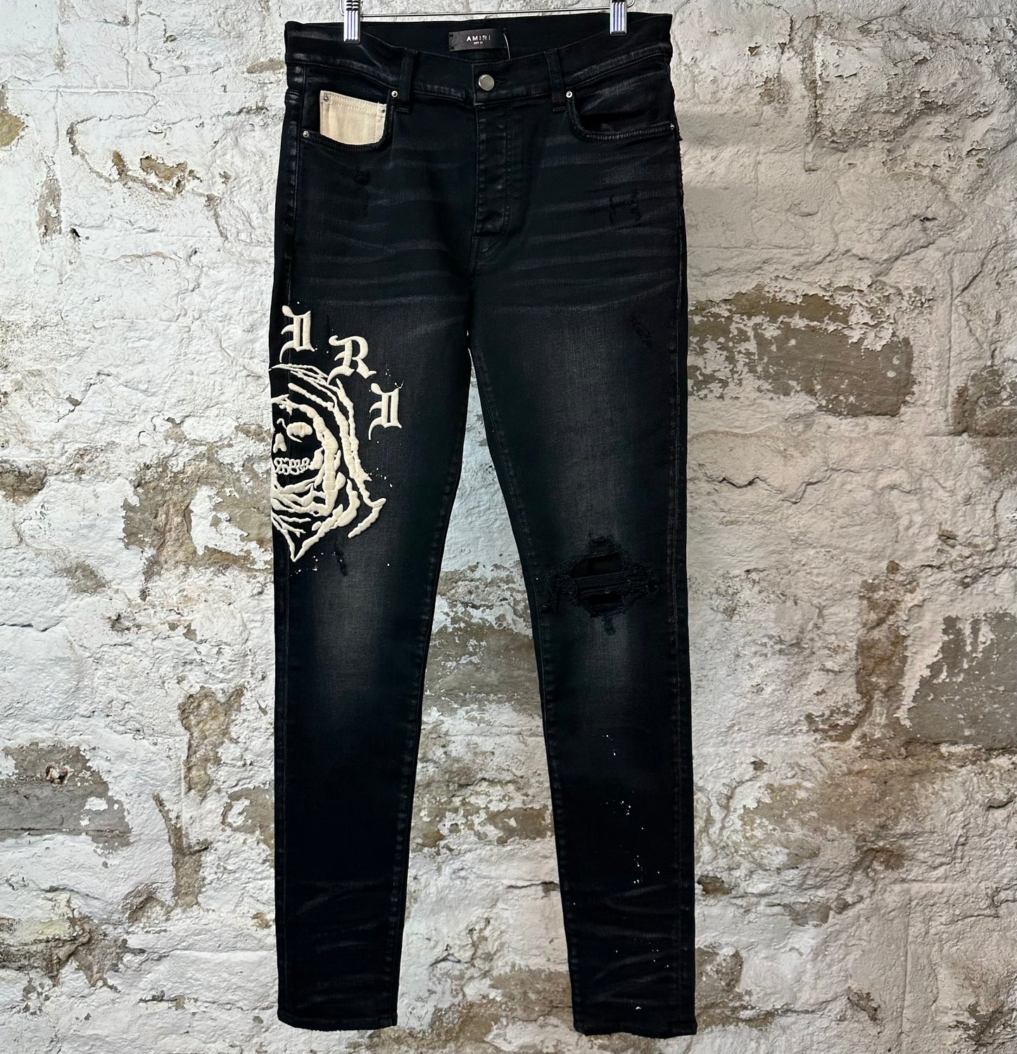 Amiri Embroidered Reaper Black Denim Jeans Sz 32