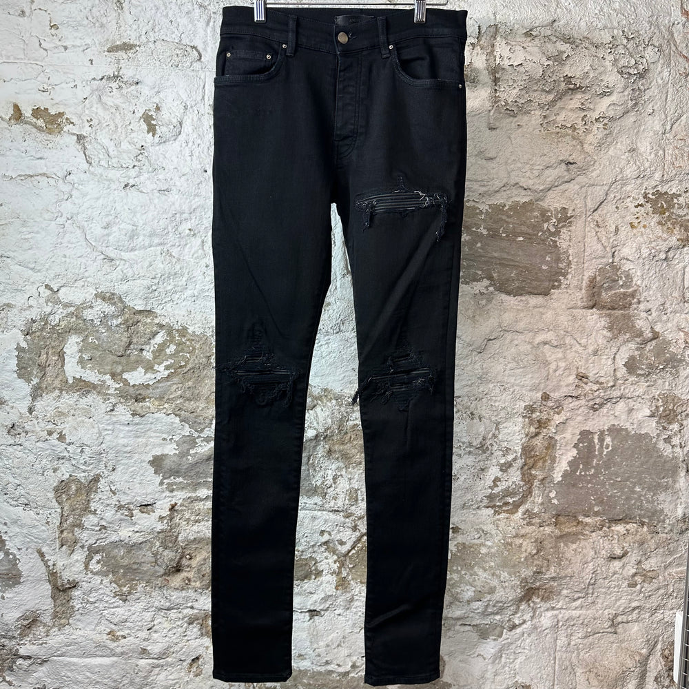 Amiri MX1 Black Leather Black Denim Jeans Sz 29