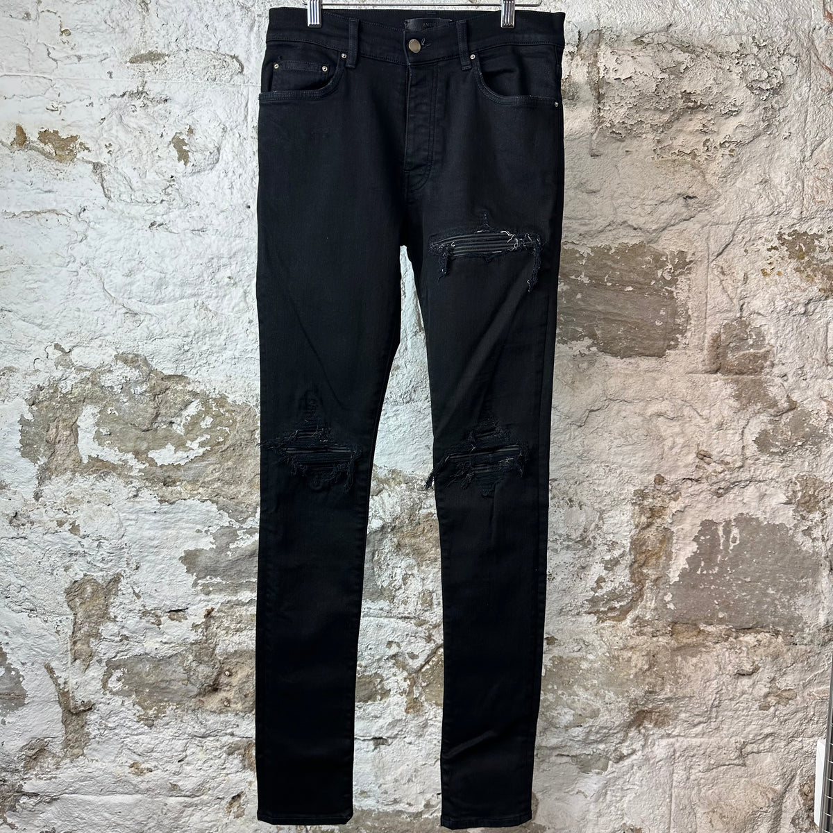 Amiri MX1 Black Leather Black Denim Jeans Sz 29
