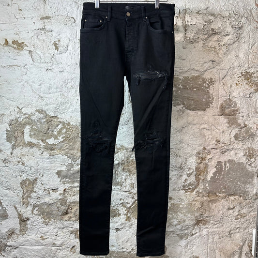 Amiri MX1 Black Leather Black Denim Jeans Sz 29