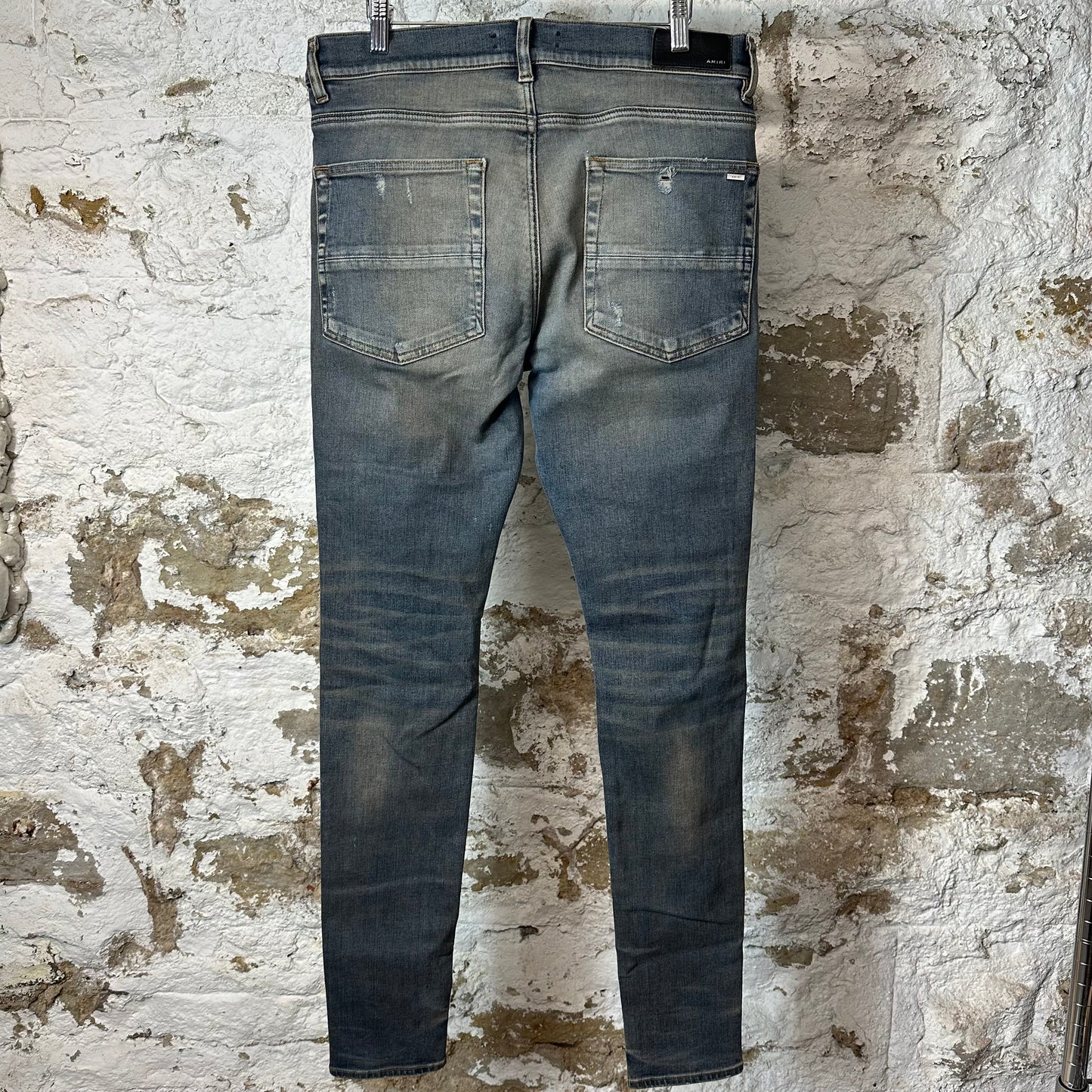 Amiri MX1 Black Leather Thrasher Dirty Blue Denim Jeans Sz 34