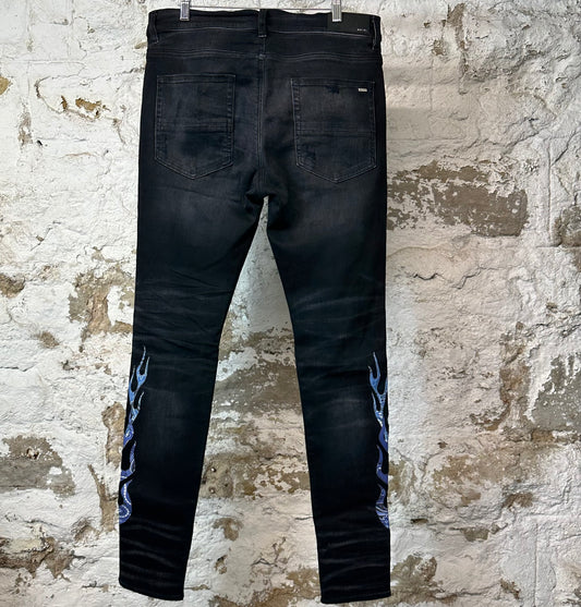 Amiri Blue Paisley Flames Black Denim Jeans Sz 34