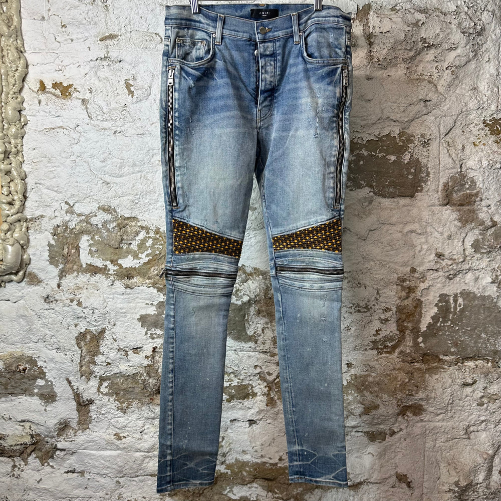 Amiri MX2 Yellow Brown Patch Blue Denim Jeans Sz 34