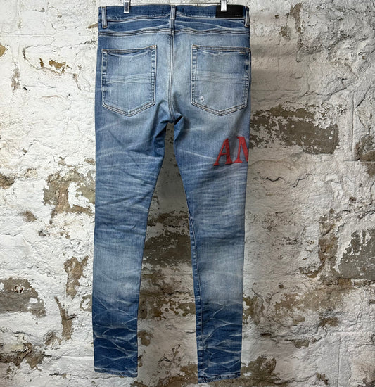 Amiri MX1 Red Suede Spell Blue Denim Jeans Sz 34 (Dried Suede)