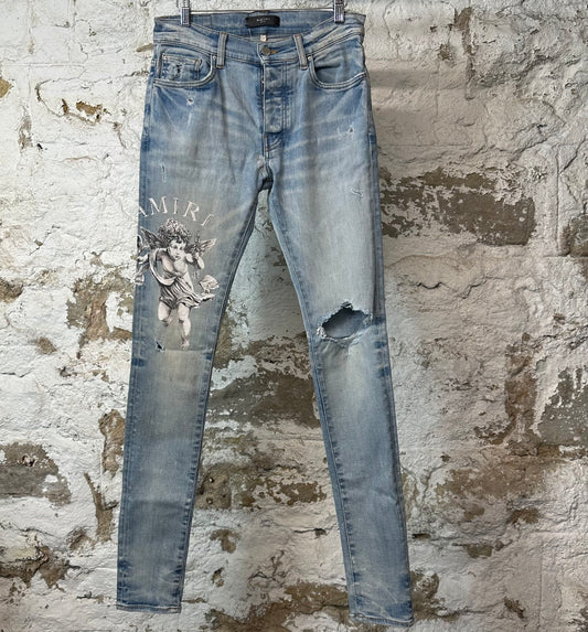 Amiri Knee Hole Cherub Logo Blue Denim Jeans Sz 29