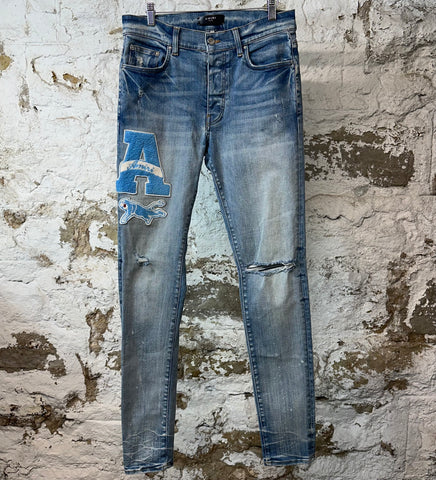 Amiri Blue Varsity Patch Blue Denim Jeans Sz 32