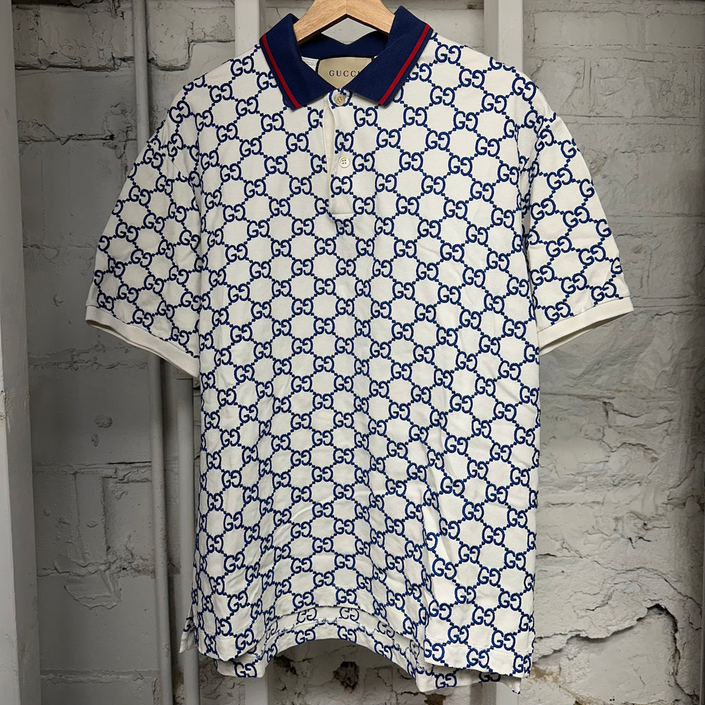 Gucci Blue GG Monogram White Polo Shirt Sz XXXL (Fits XL)