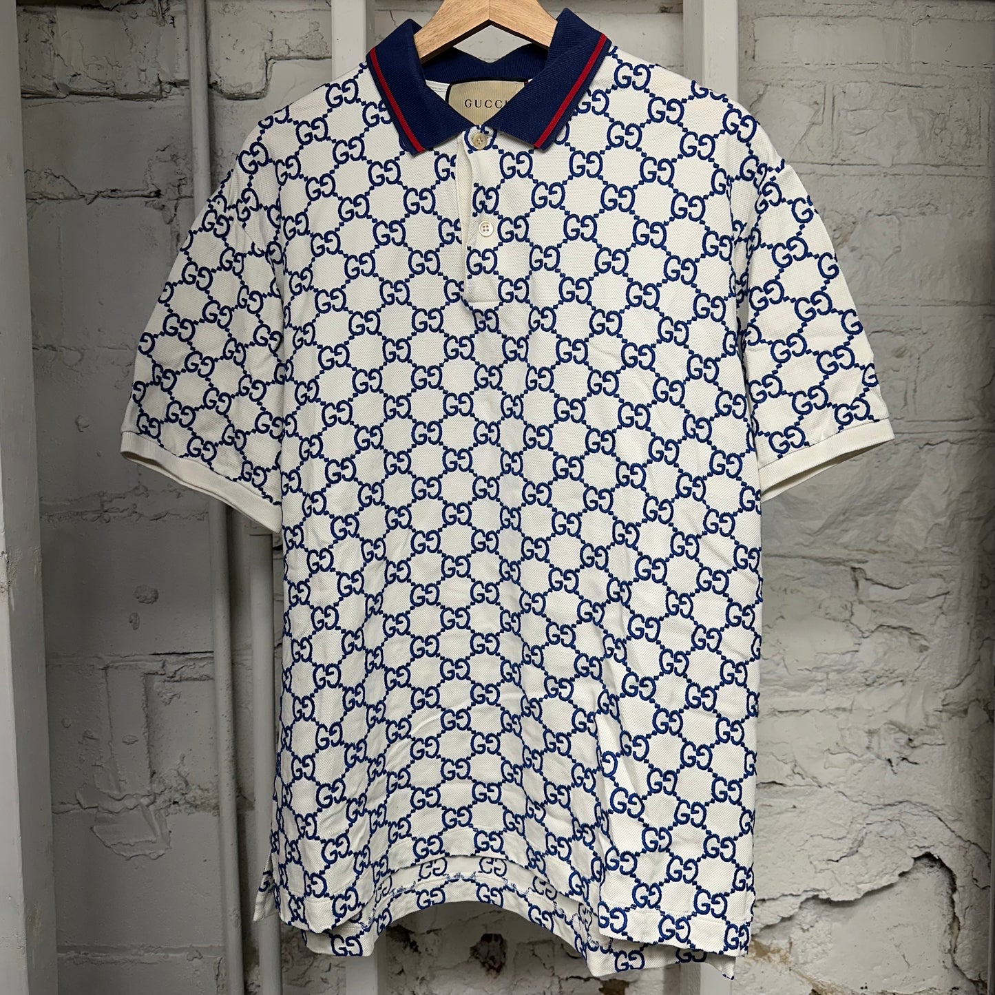 Gucci Blue GG Monogram White Polo Shirt Sz XXXL (Fits XL)