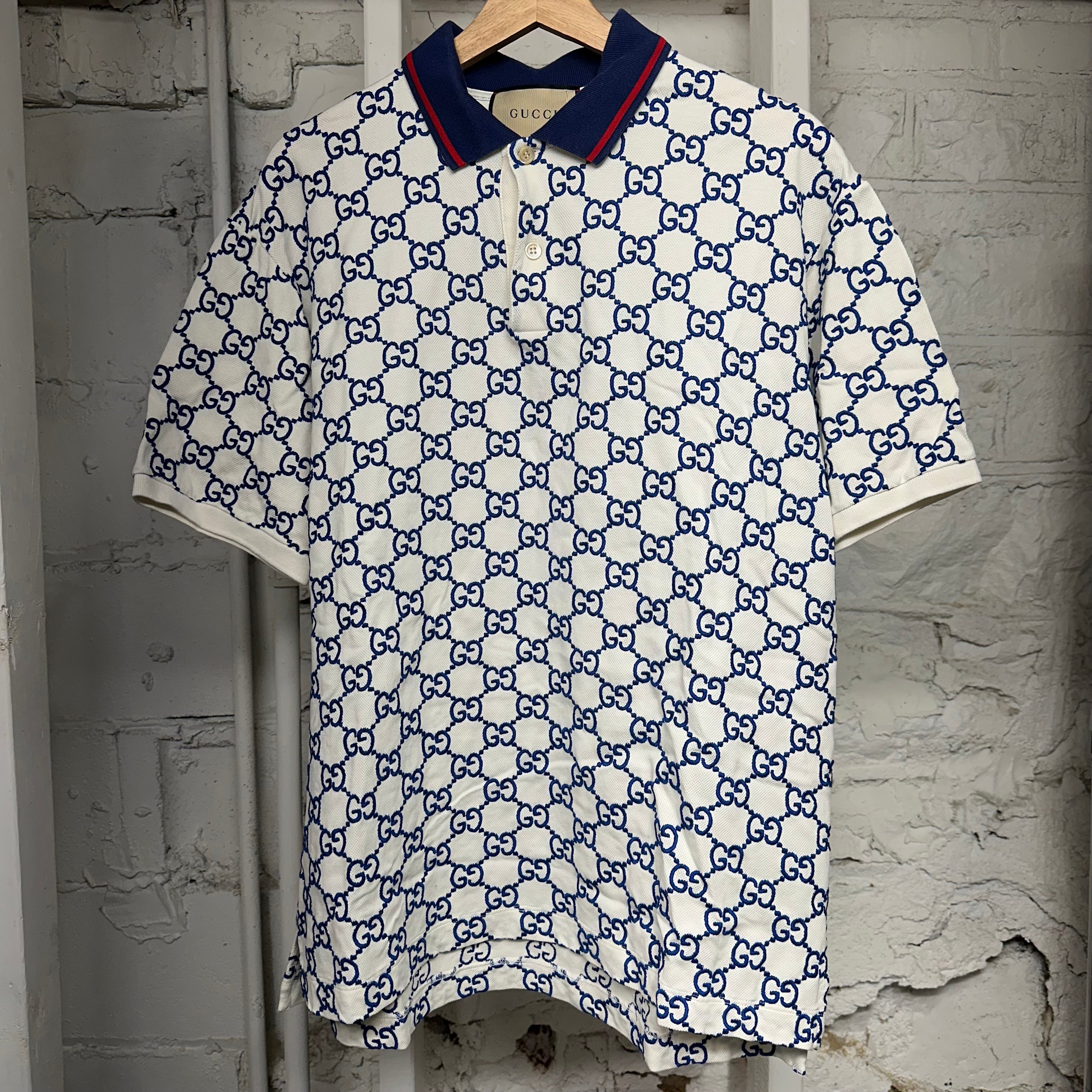Gucci Blue GG Monogram White Polo Shirt Sz XXXL (Fits XL)