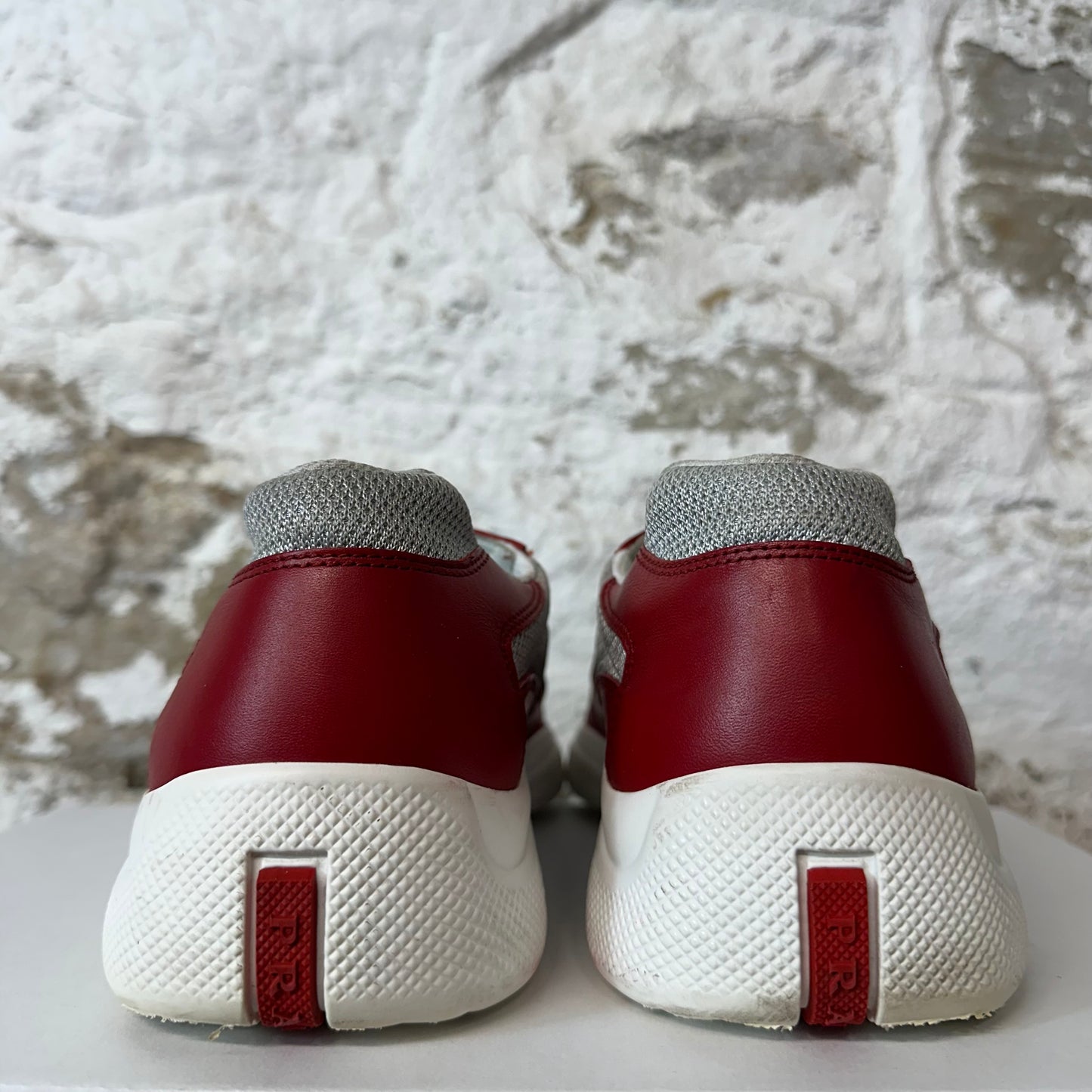 Prada Americas Cup Red Leather Grey White Sneaker Sz 9