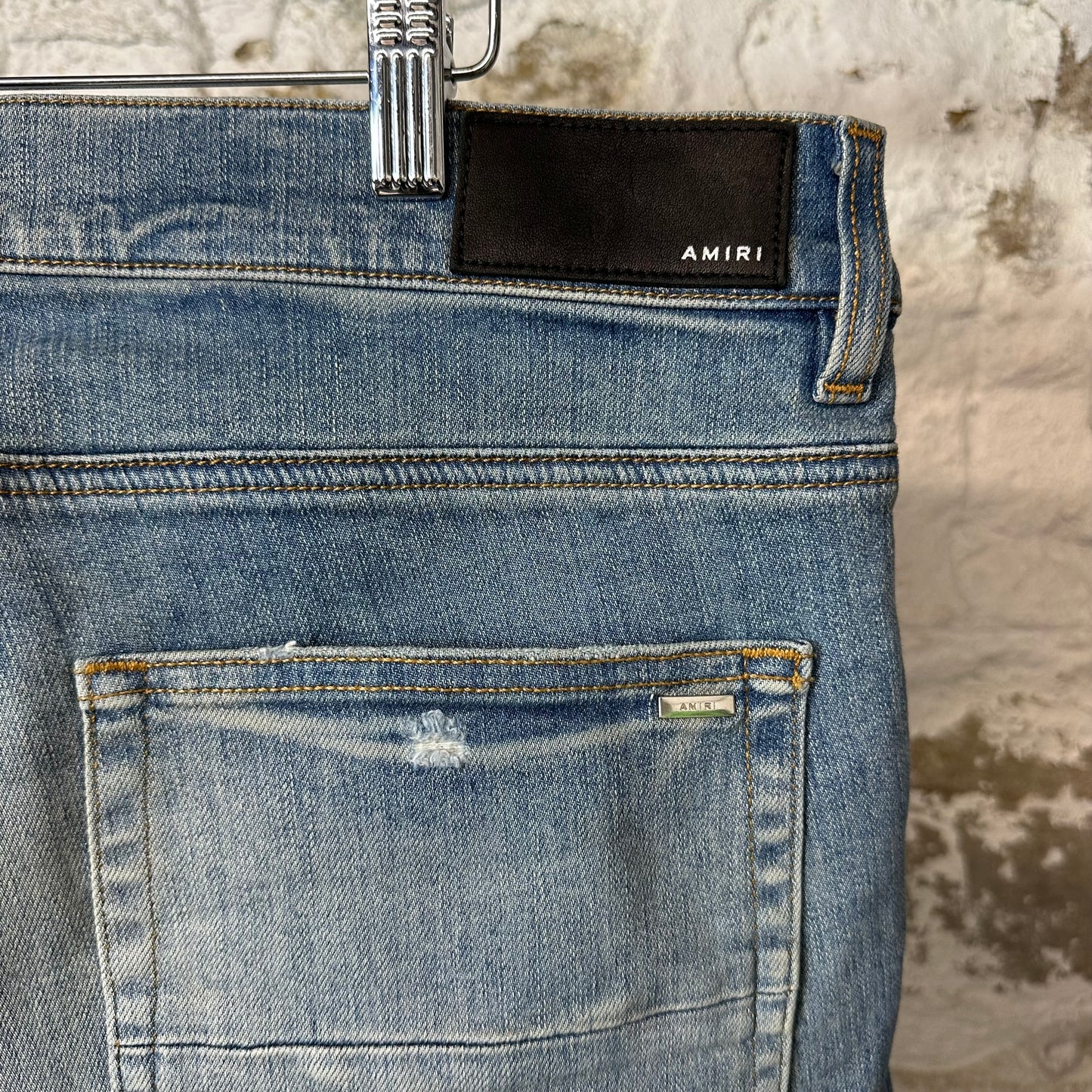 Amiri MX1 Camo Spell Patch Blue Denim Jeans Sz 36