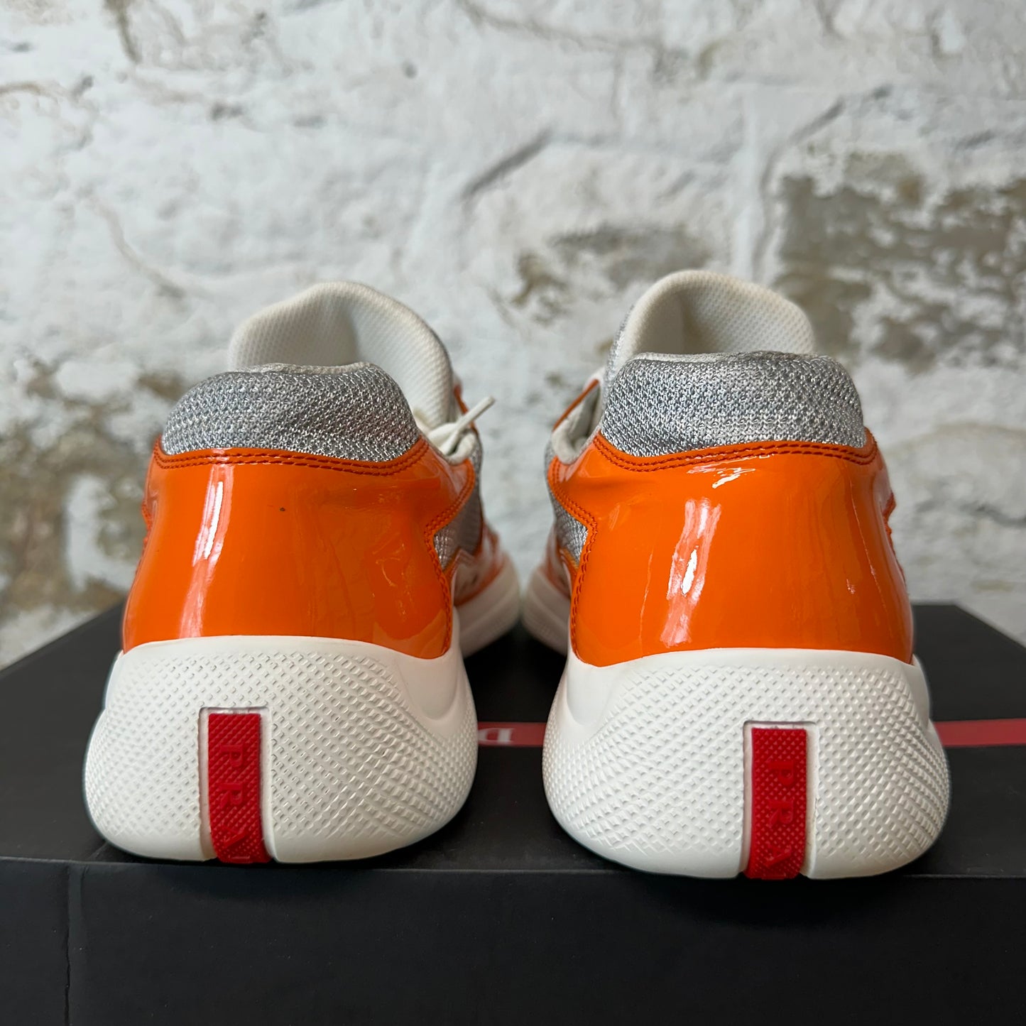 Prada Americas Cup Orange Patent Grey White Sneaker Sz 8