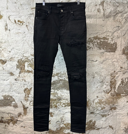 Amiri MX1 Black Leather Black Waxed Denim Jeans Sz 31
