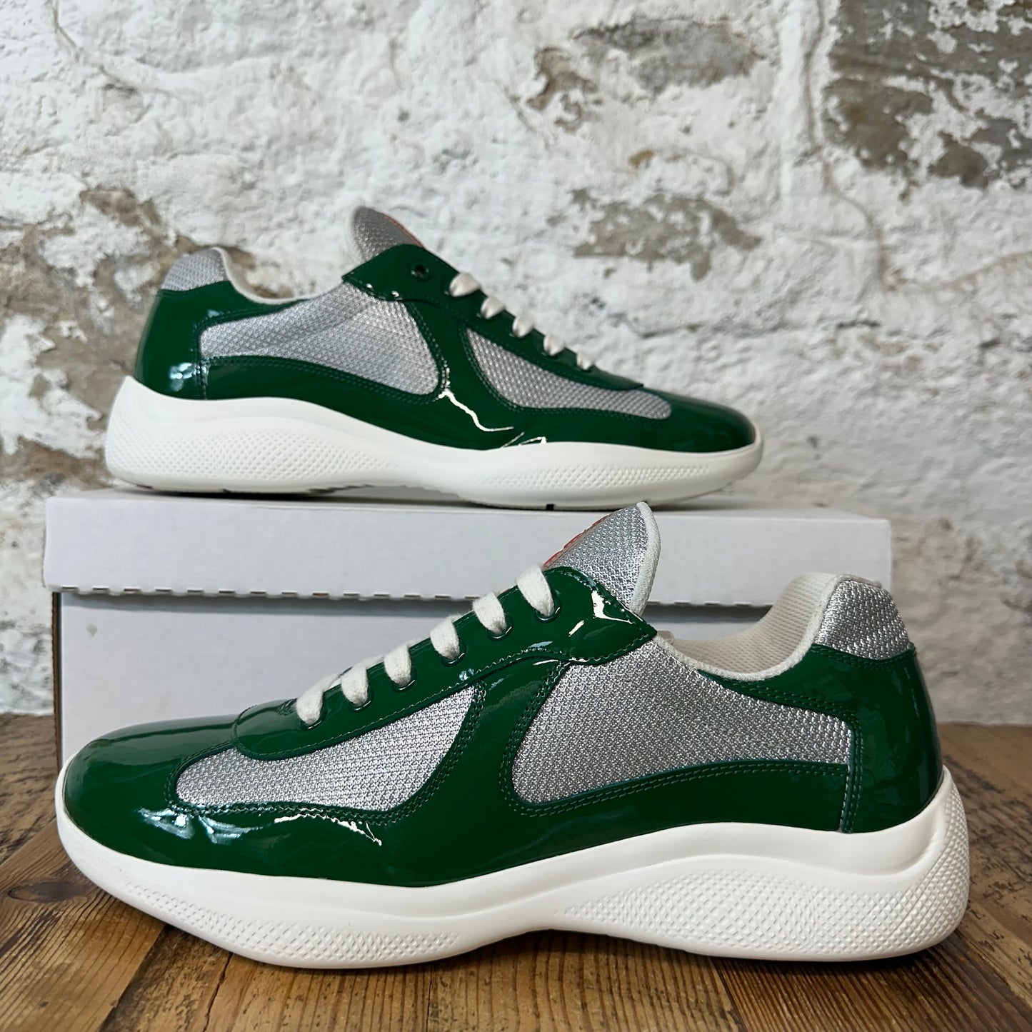 Prada Americas Cup Green Patent Grey White Sneaker Sz 9