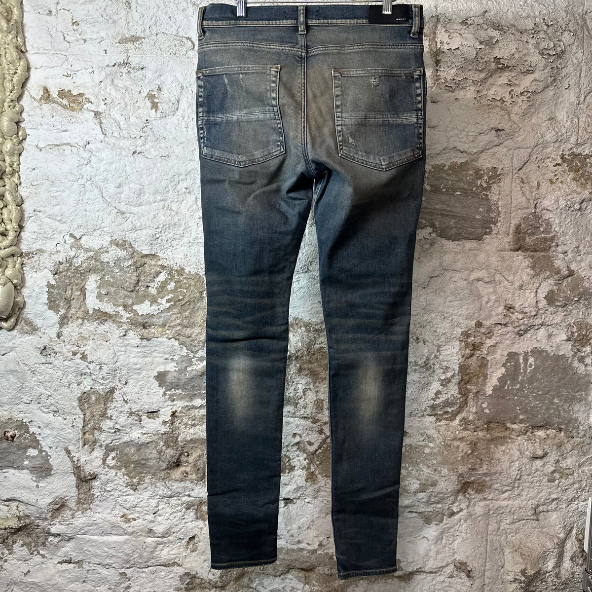 Amiri MX1 Black Leather Dirty Blue Denim Jeans Sz 34