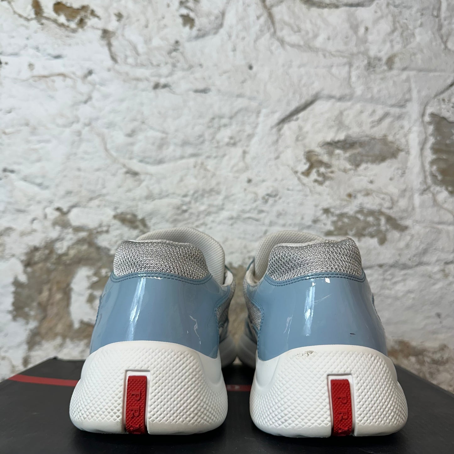 Prada Americas Cup Baby Blue Patent Grey White Sneaker Sz 14
