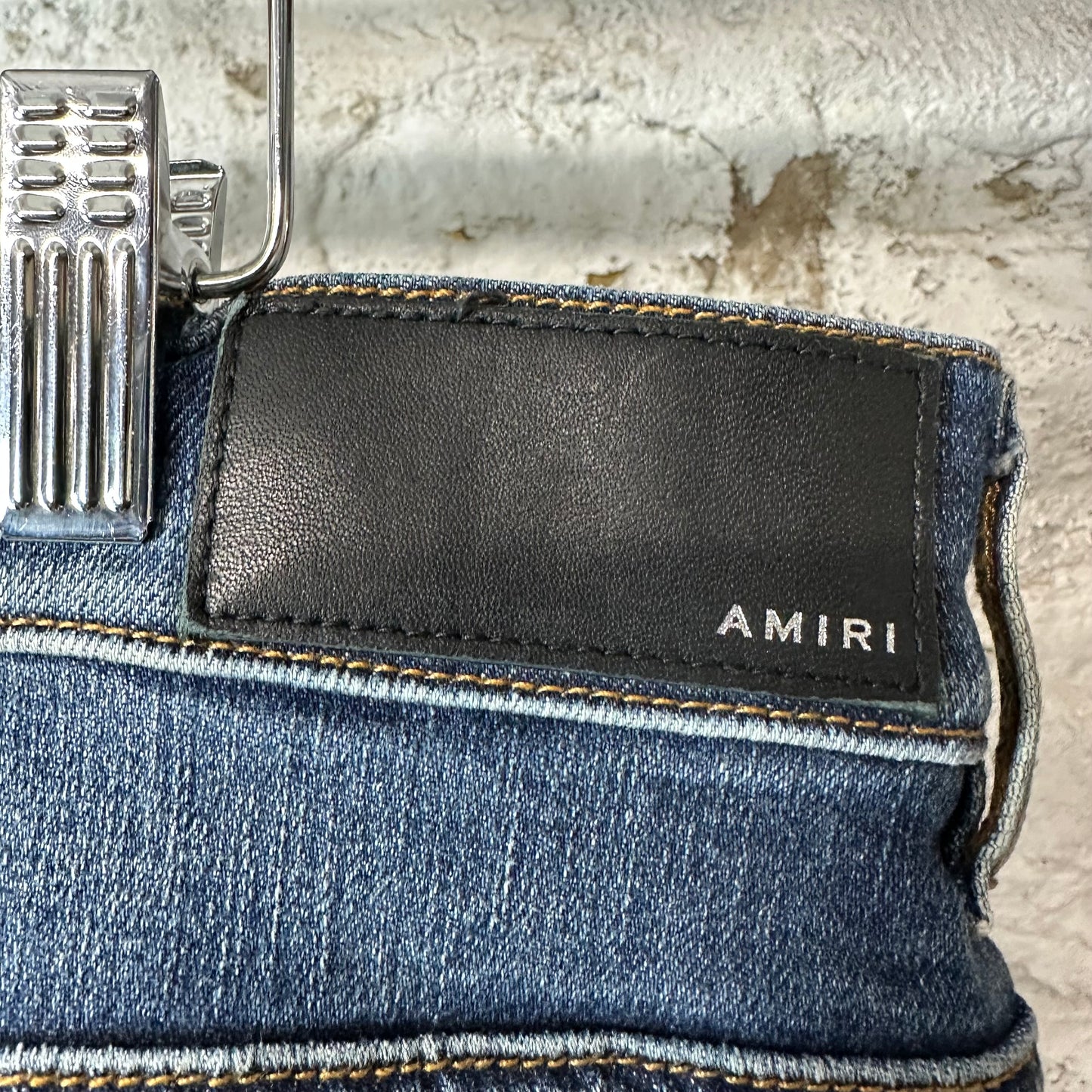 Amiri MX1 Black Leather Dark Blue Denim Jeans Sz 36