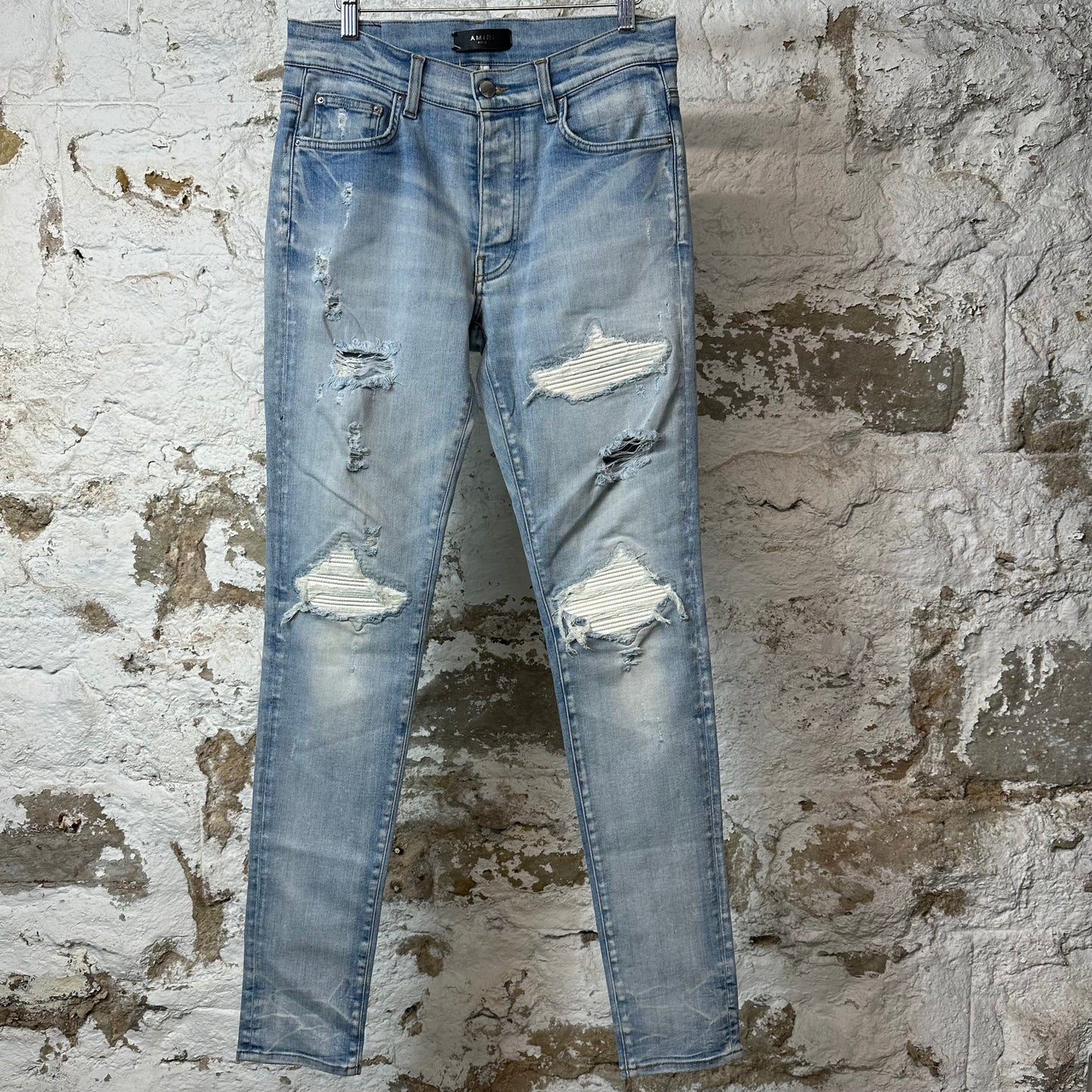 Amiri MX1 White Leather Blue Denim Jeans Sz 31