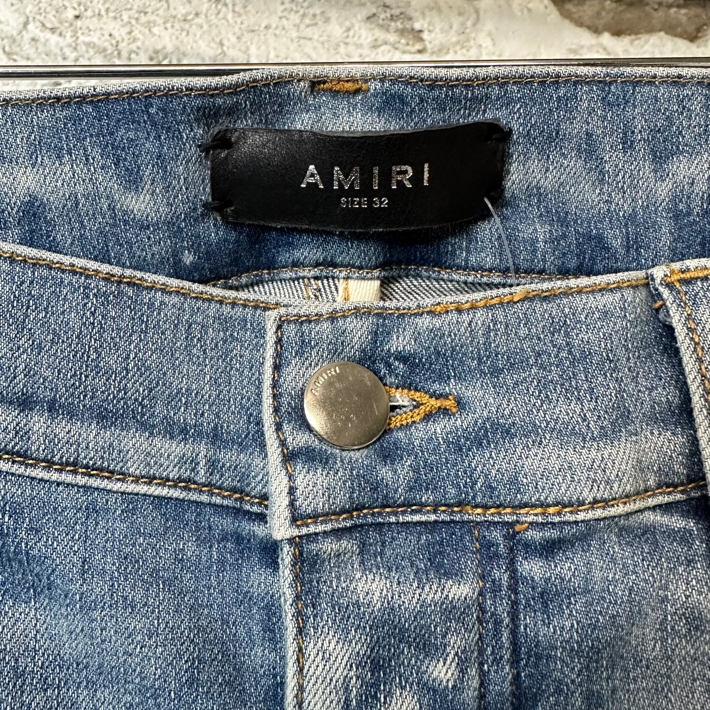 Amiri MX2 Yellow Brown Patch Blue Denim Jeans Sz 32
