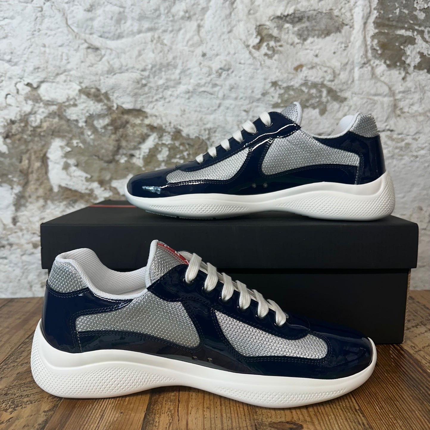 Prada Americas Cup Royal Argento Patent Sneaker Sz 8 DS