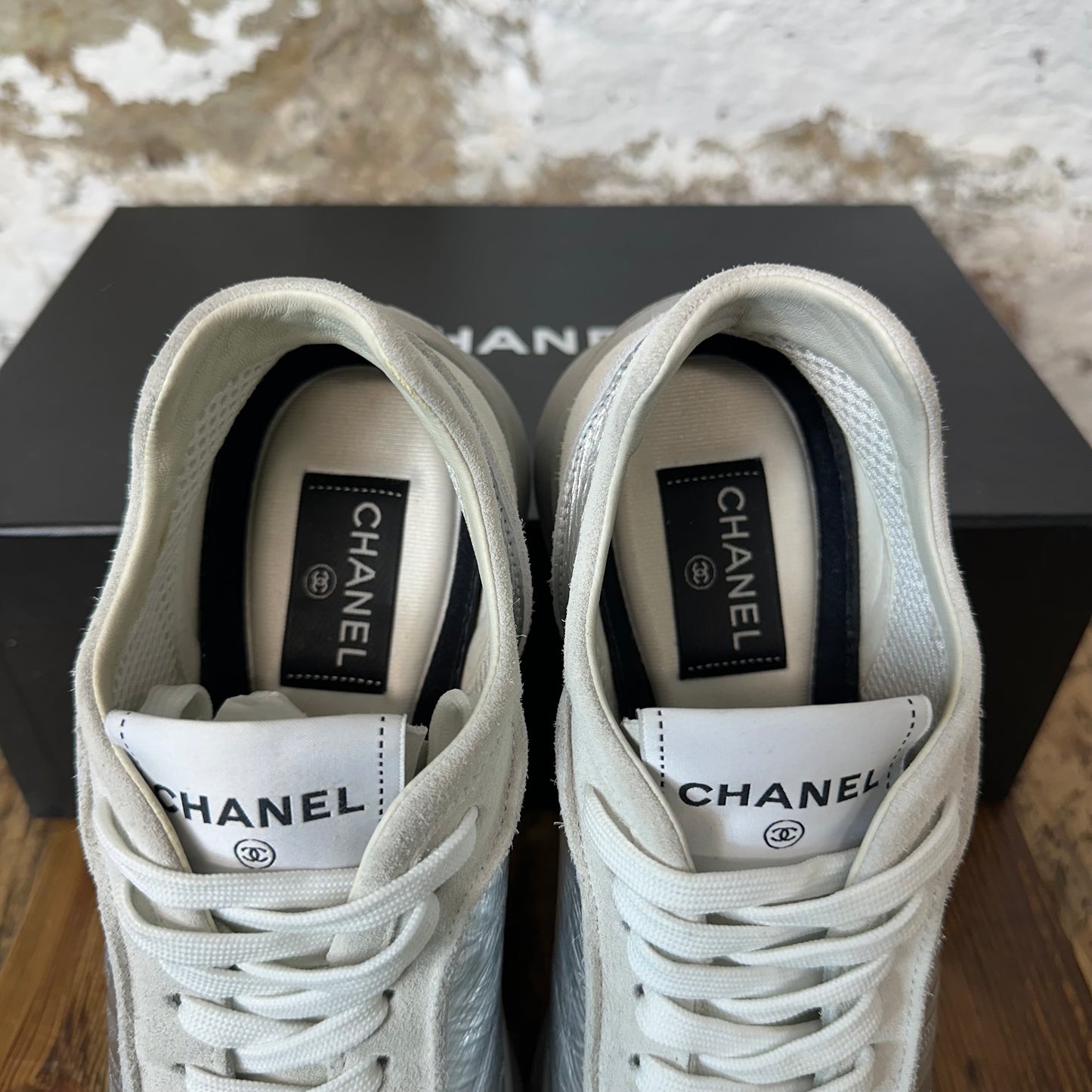 Chanel Silver CC Laminated Suede Trainer Sneaker Sz 6 (38.5)