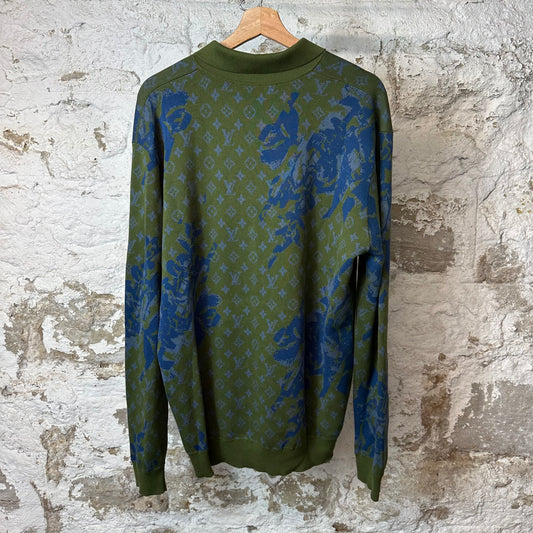 Louis Vuitton Blue Green Monogram Knitted Polo L/s Sz XL