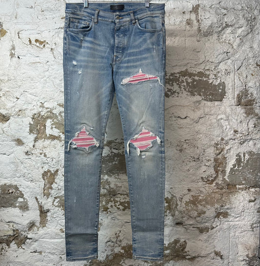 Amiri MX1 Pink Suede Blue Denim Jeans Sz 34