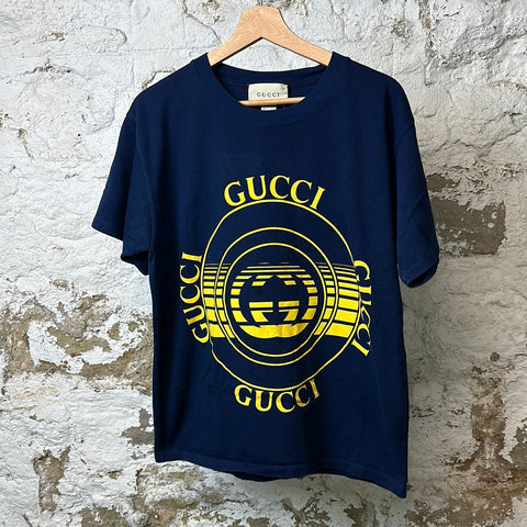 Gucci Yellow Logo T-shirt Navy Sz XS