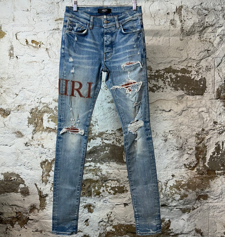 Amiri Brown Leather Spell Blue Denim Jeans Sz 28