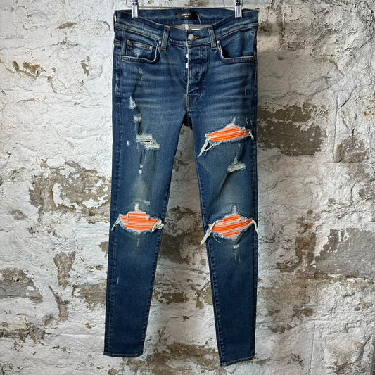 Amiri MX1 Orange Suede Dark Blue Denim Jeans Sz 31