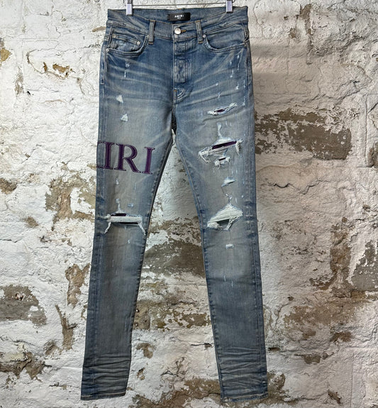 Amiri Purple Suede Spell Blue Denim Jeans