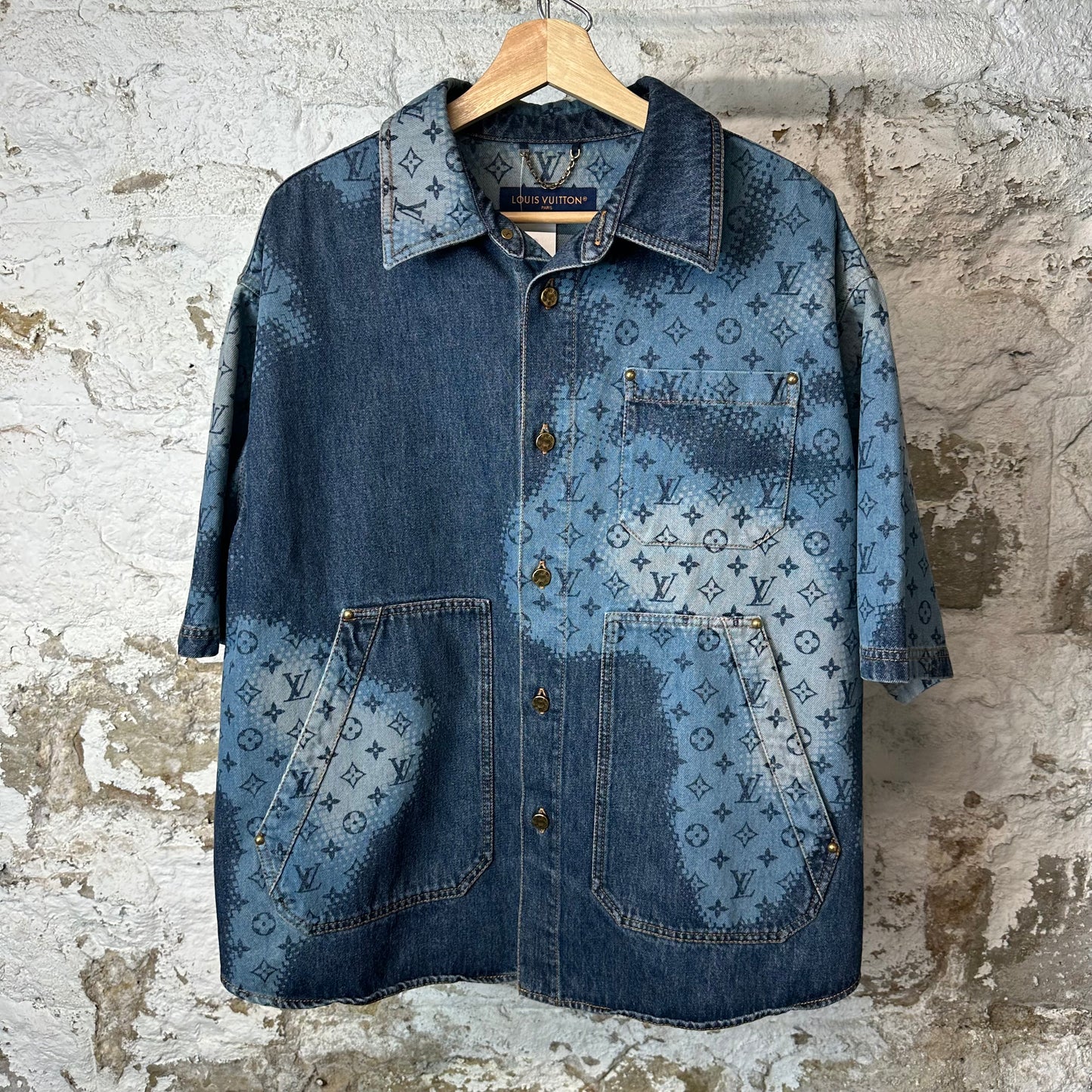 Louis Vuitton Multi Blue Denim Monogram Button Up Shirt Sz M