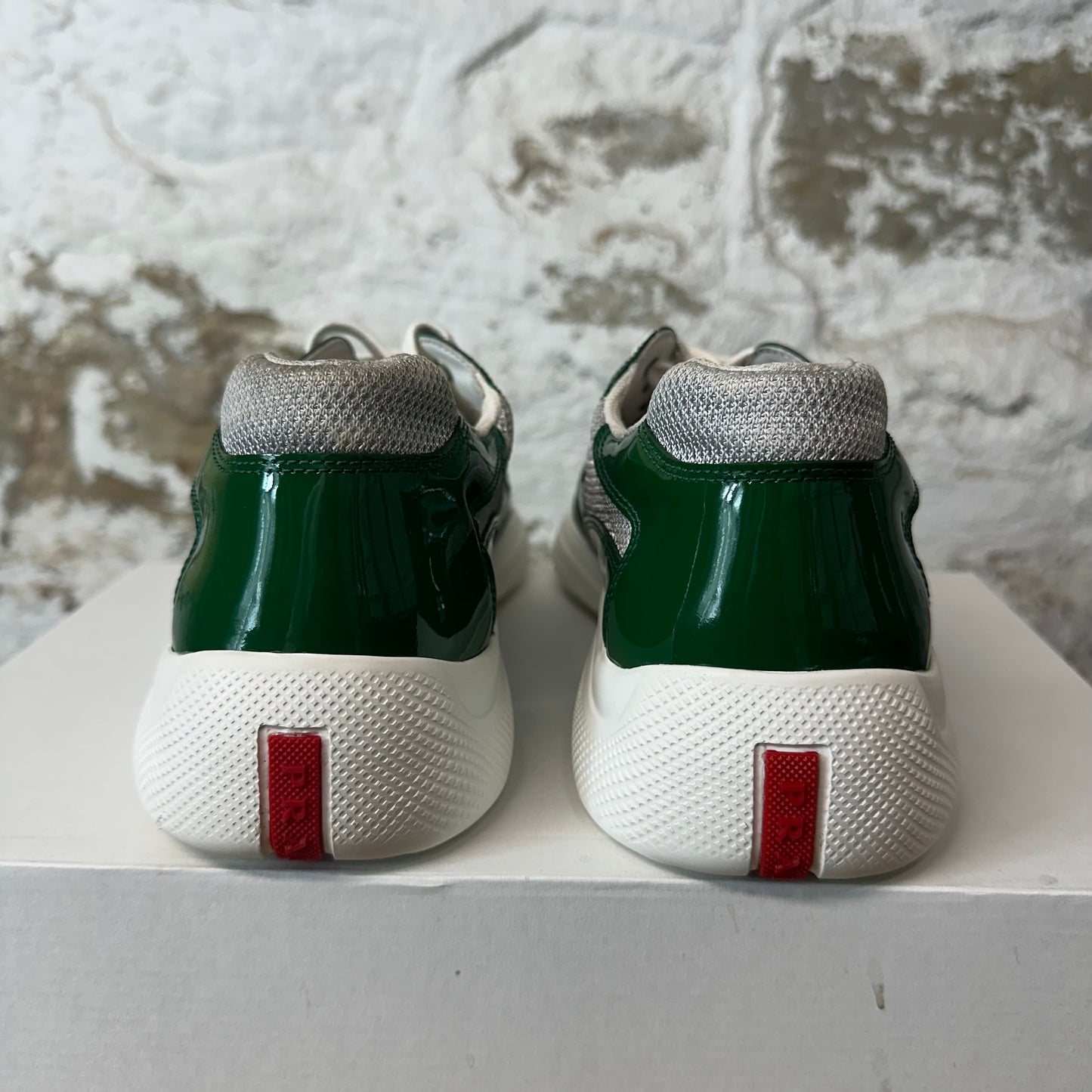 Prada Americas Cup Green Patent Grey White Sneaker Sz 8.5