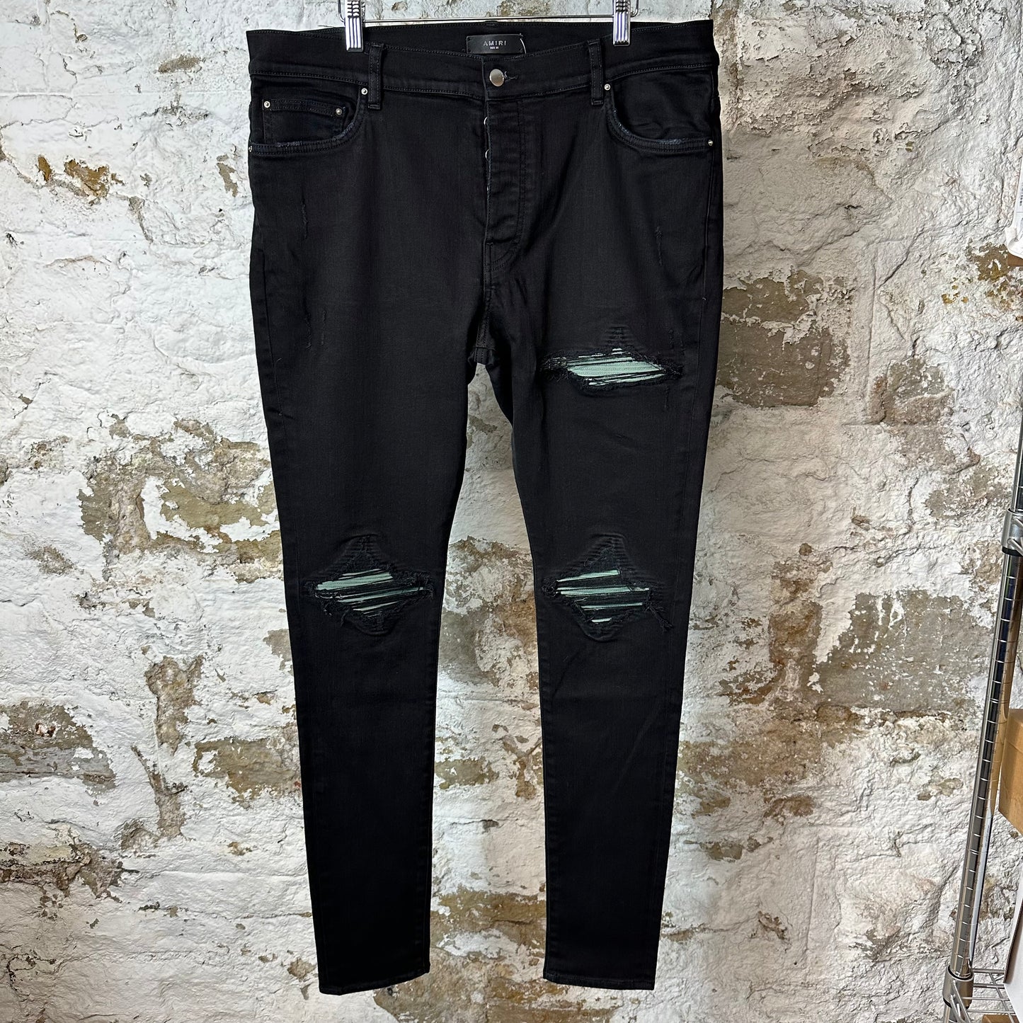 Amiri MX1 Green Suede Black Denim Jeans Sz 38
