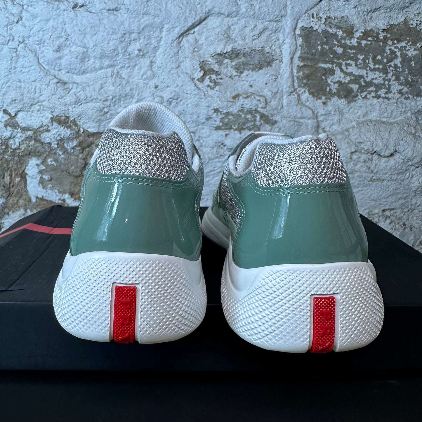 Prada Americas Cup Rugiada Patent Grey White Sneaker Sz 8 DS