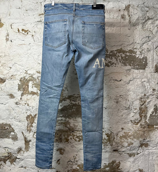 Amiri MX1 Cream Glitter Spell Blue Denim Jeans Sz 31