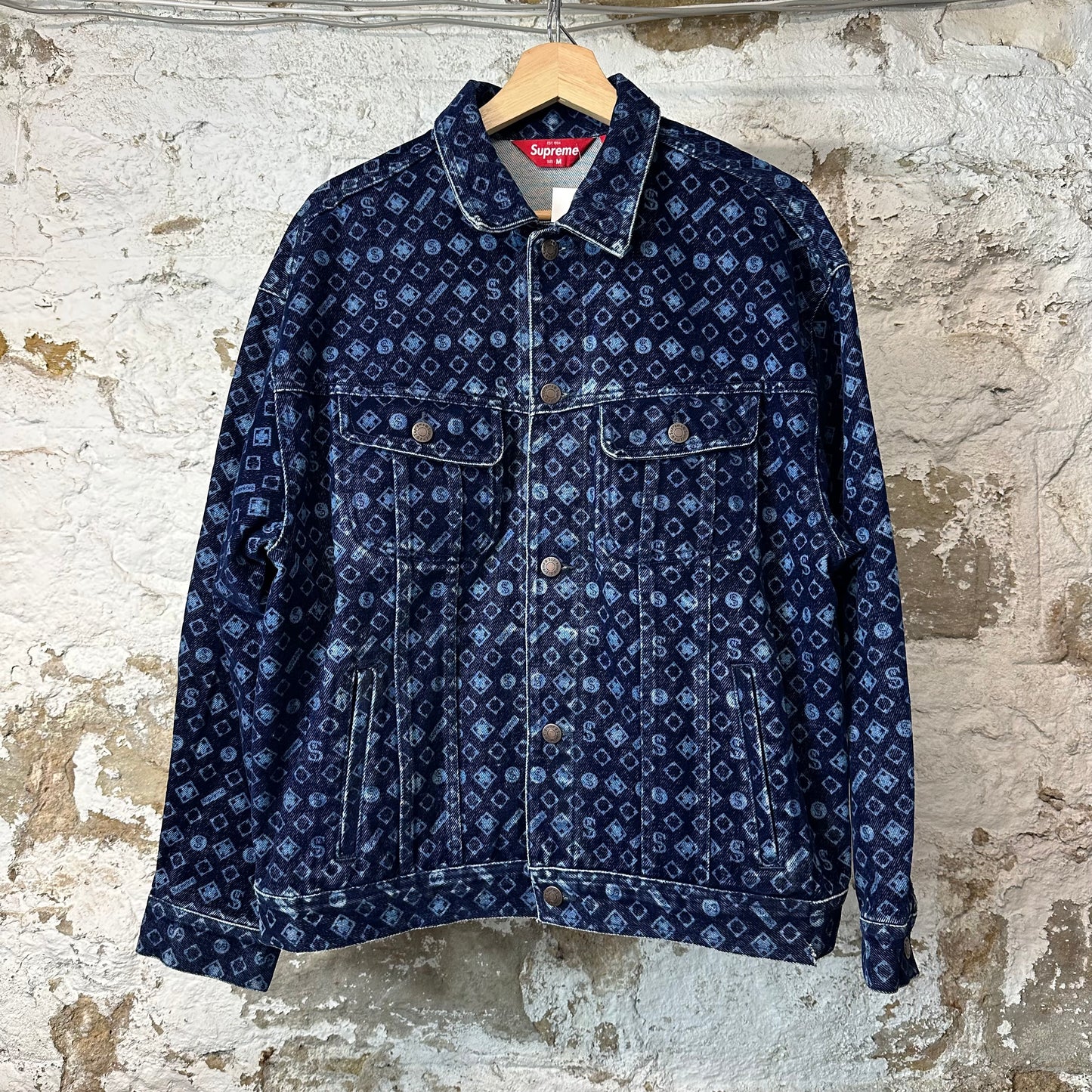 Supreme Flocked Denim Trucker Jacket Blue Sz M