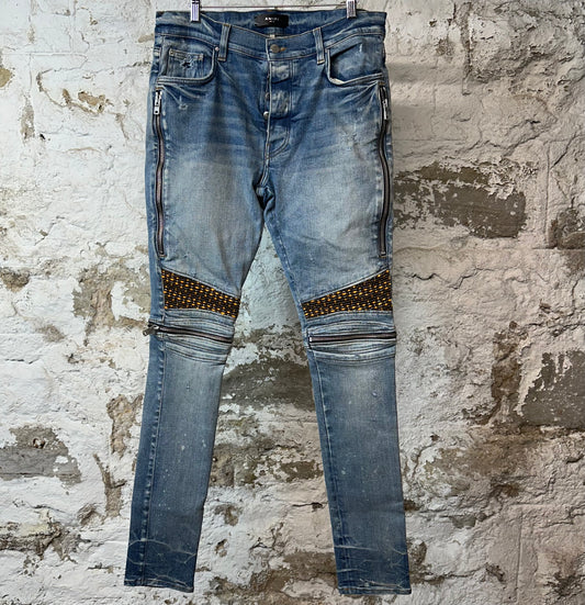 Amiri MX2 Yellow Brown Patch Blue Denim Jeans Sz 34