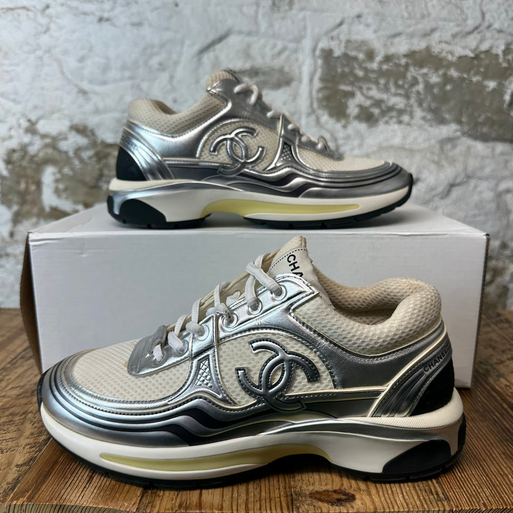 Chanel CC Silver Cream Trainer Sneaker Sz 6.5 (39)