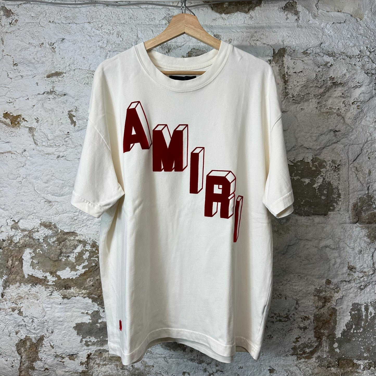 Amiri Red Velour Flocked Spell Cream T-Shirt Sz M