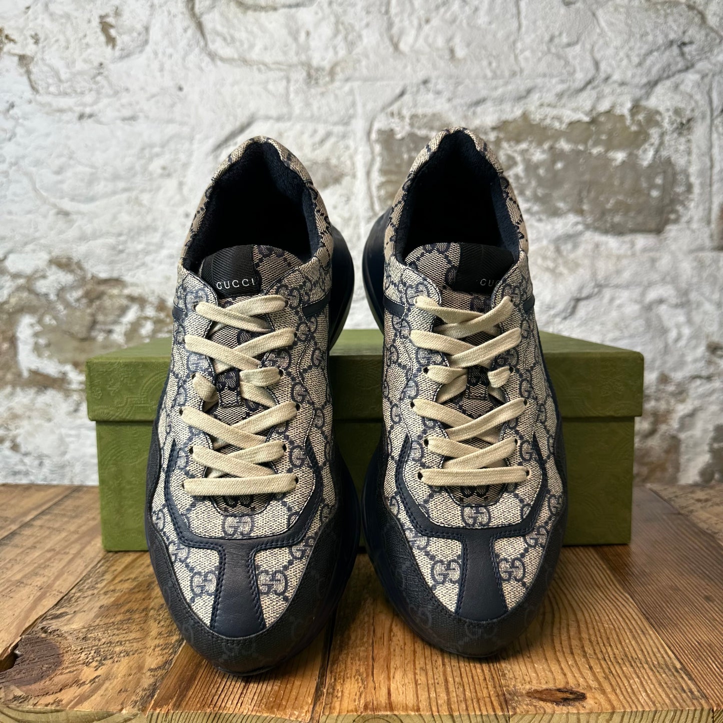 Gucci Rhyton Navy GG Monogram Beige Sneaker Sz 8.5