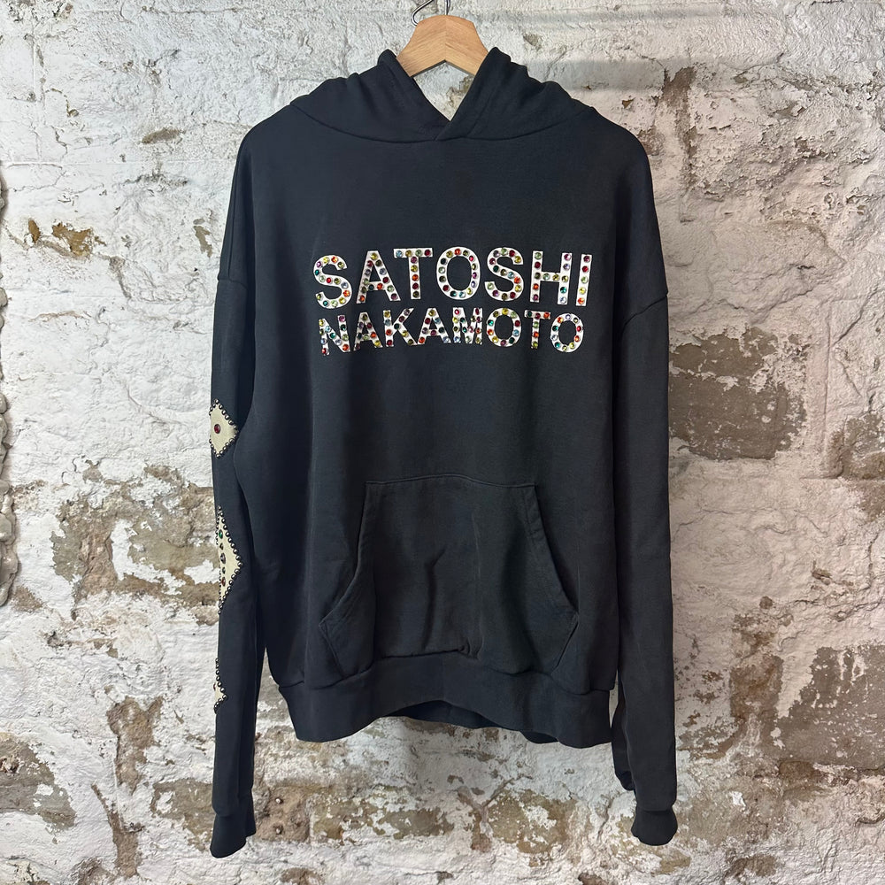 Satoshi Nakamoto Black Leather Studded Logo Hoodie Sz L