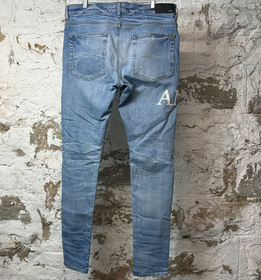 Amiri MX1 Cream Glitter Spell Blue Denim Jeans Sz 36