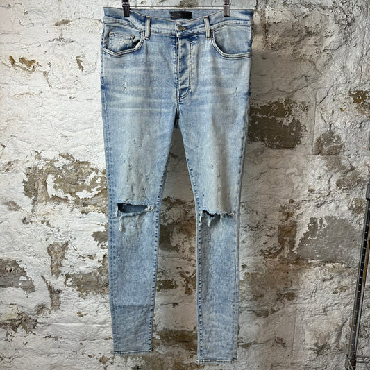 Amiri Knee Rip Washed Blue Shotgun Denim Jeans Sz 34