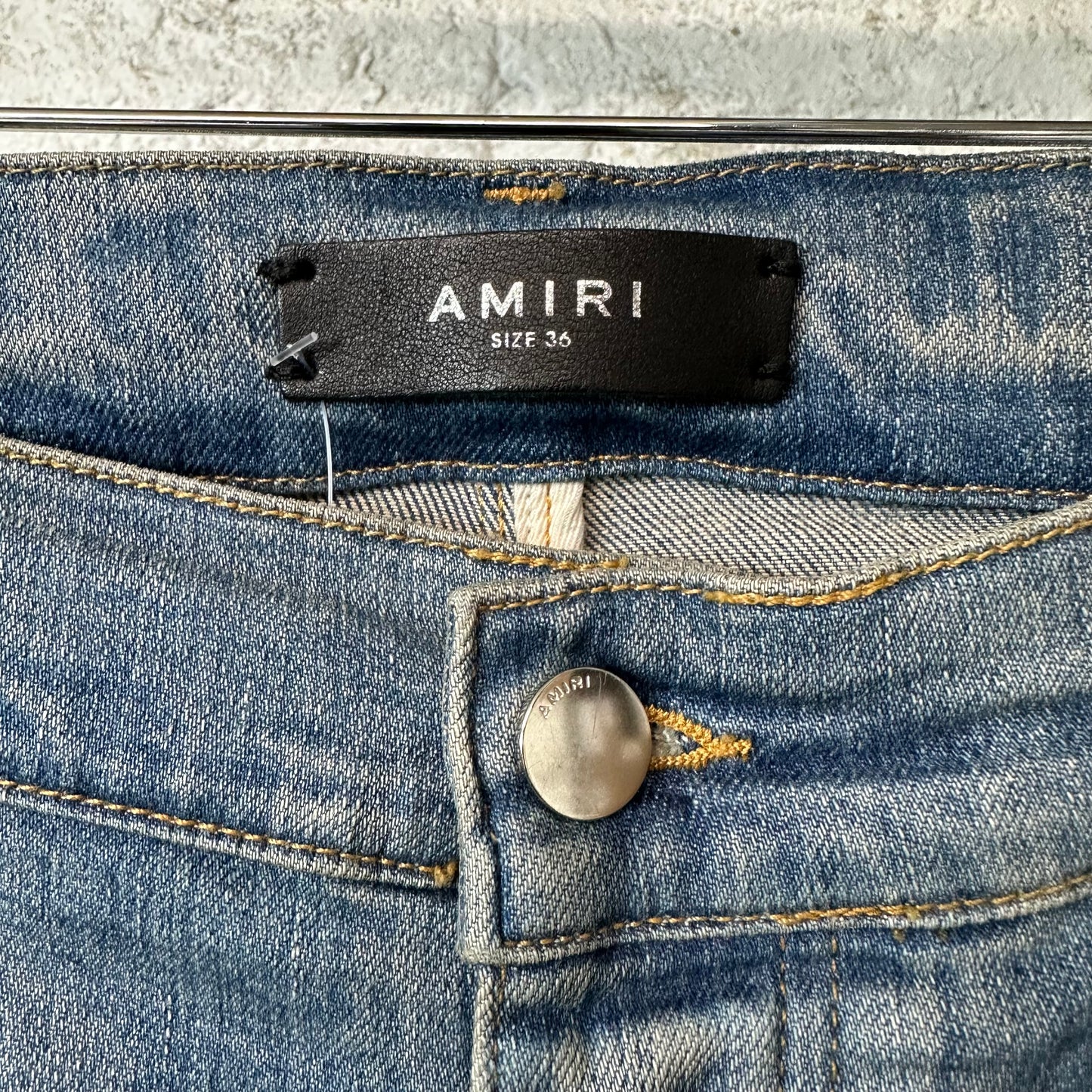 Amiri Brown Leather Spell Blue Denim Jeans Sz 36