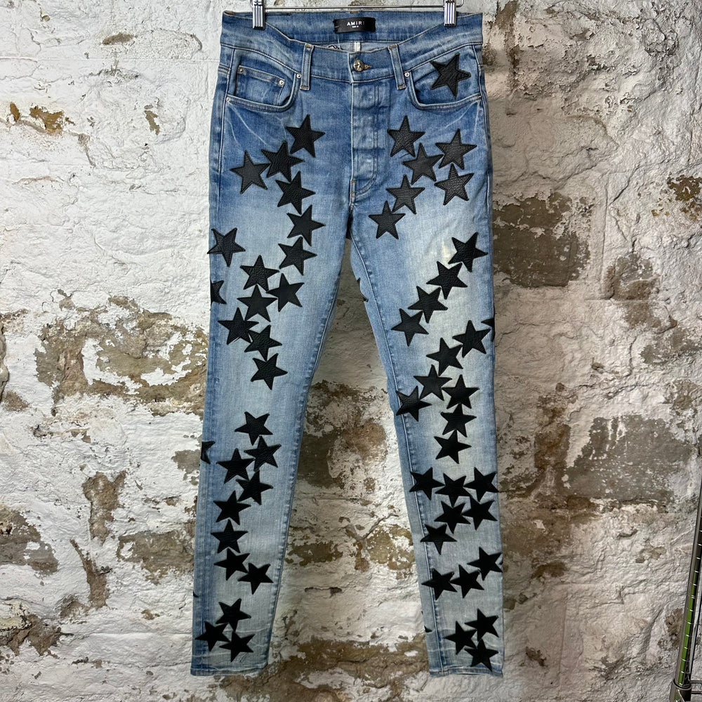 Amiri Black Leather Star Chemist Blue Denim Jeans Sz 31