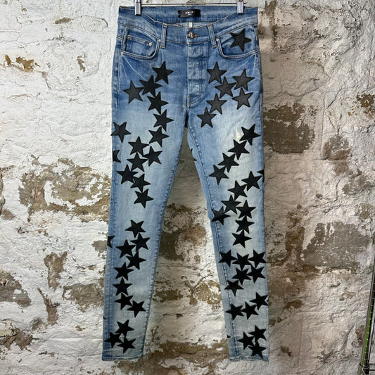 Amiri Black Leather Star Chemist Blue Denim Jeans Sz 31