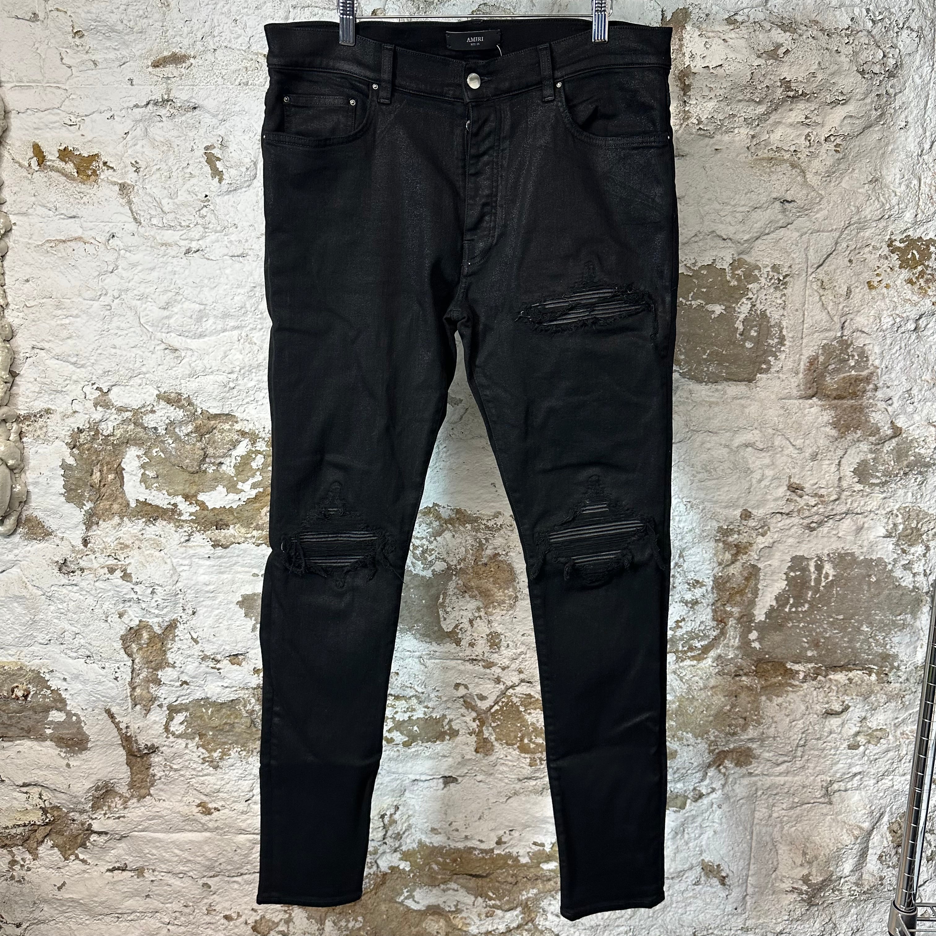Amiri MX1 Black Leather Black Waxed Denim Jeans Sz 36